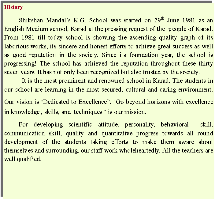 Text Box: History-	Shikshan Mandals K.G. School was started on 29th June 1981 as an English Medium school, Karad at the pressing request of the  people of Karad. From 1981 till today school is showing the ascending quality graph of its laborious works, its sincere and honest efforts to achieve great success as well as good reputation in the society. Since its foundation year, the school is progressing! The school has achieved the reputation throughout these thirty seven years. It has not only been recognized but also trusted by the society.           It is the most prominent and renowned school in Karad. The students in our school are learning in the most secured, cultural and caring environment. Our vision is Dedicated to Excellence. Go beyond horizons with excellence in knowledge , skills, and  techniques  is our mission.         For developing scientific attitude, personality, behavioral  skill, communication skill, quality and quantitative progress towards all round development of the students taking efforts to make them aware about themselves and surrounding, our staff work wholeheartedly. All the teachers are well qualified.